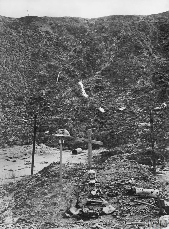 British graves with human bones on the surface in the Lochnagar mine crater at La Boisselle, 21 September 1917