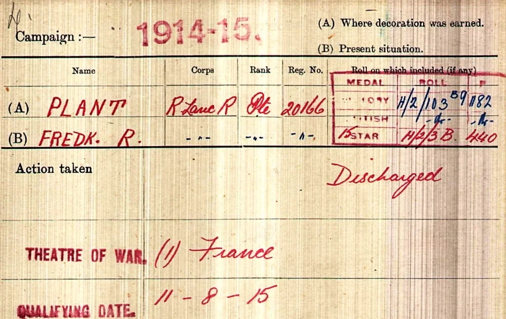 Medal card for Frederick Rhodes Plant