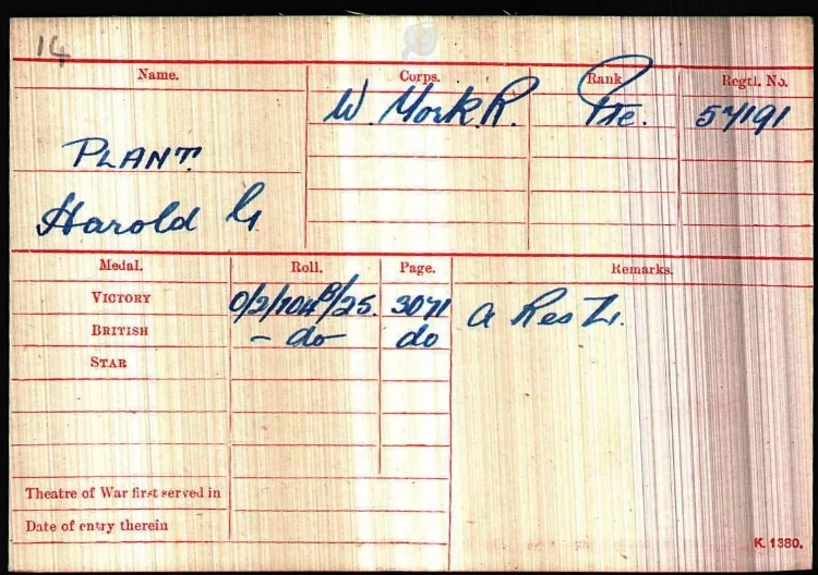 Medal card for Harold George Plant