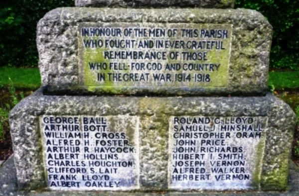 Great War soldiers commemorated on the Brereton War Memorialm, including Albert Hollins IN HONOUR OF THE MEN OF THIS PARISH WHO FOUGHT AND IN EVER GRATEFUL REMEMBERANCE OF THOSE WHO FELL FOR GOD AND COUNTRY IN THE GREAT WAR 1914-1918
