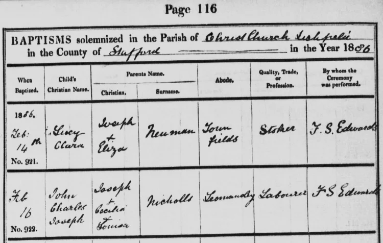 Extract from the Baptism Register for Christ Church, Lichfield showing the baptism of John Charles Joseph Nicholls on 16 February 1886. His father's first name was Joseph, and his mother's first names were Cecilia Louisa.