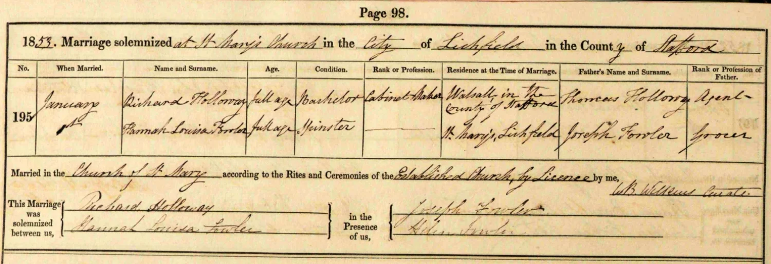 Extract from the St. Mary’s Church, Lichfield, marriage records showing the marriage of Richard Holloway and Hannah Louisa Fowler in 1853.