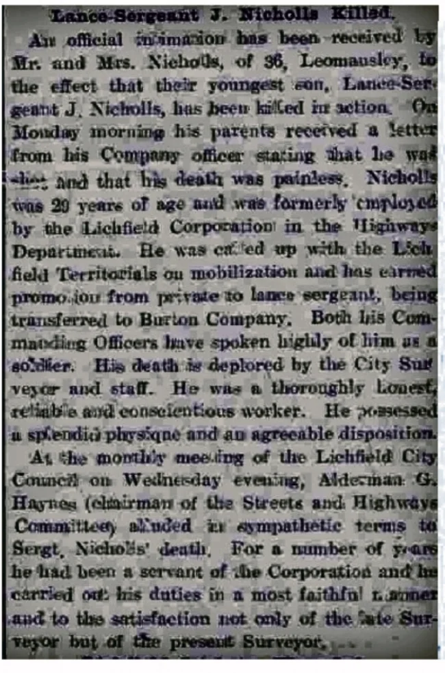 Extract from Lichfield Mercury 16 July 1915