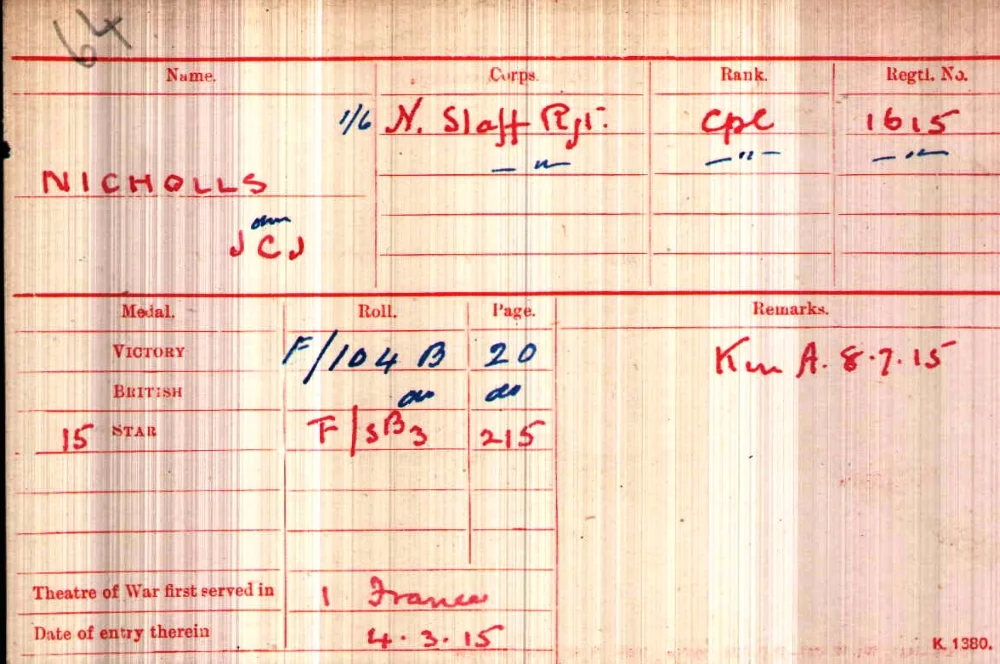 Medal card for John Charles Joseph Nicholls