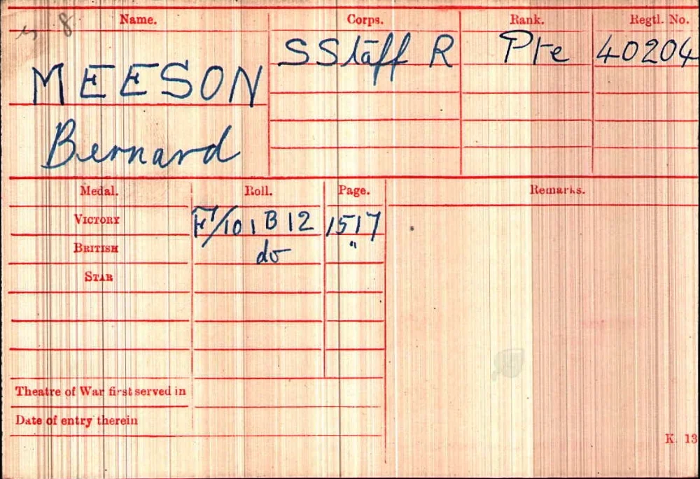 Medal card for Private Bernard Meeson