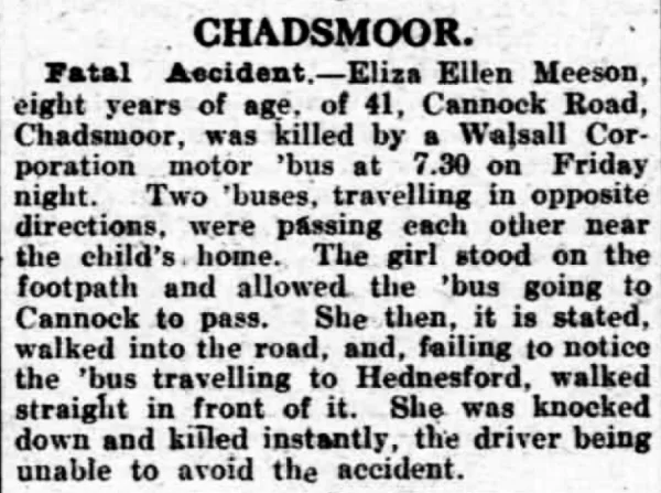 Report of the death of Bernard and Isabella Meeson’s daughter Eliza in the 17th March 1922 edition of the Lichfield Mercury