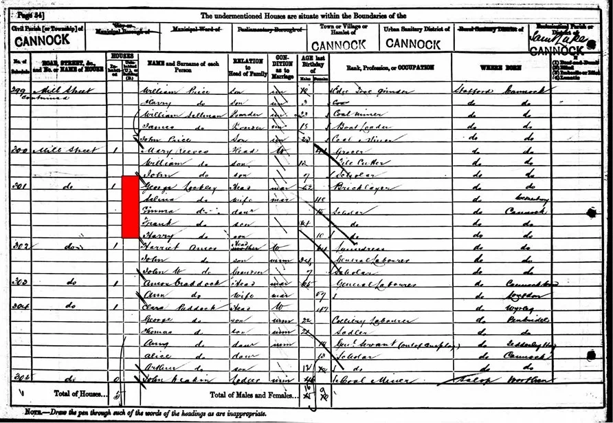 Extract from the 1881 census showing George Lockley living with his wife Selina, two sons Frank and Harry, and daughter Emma