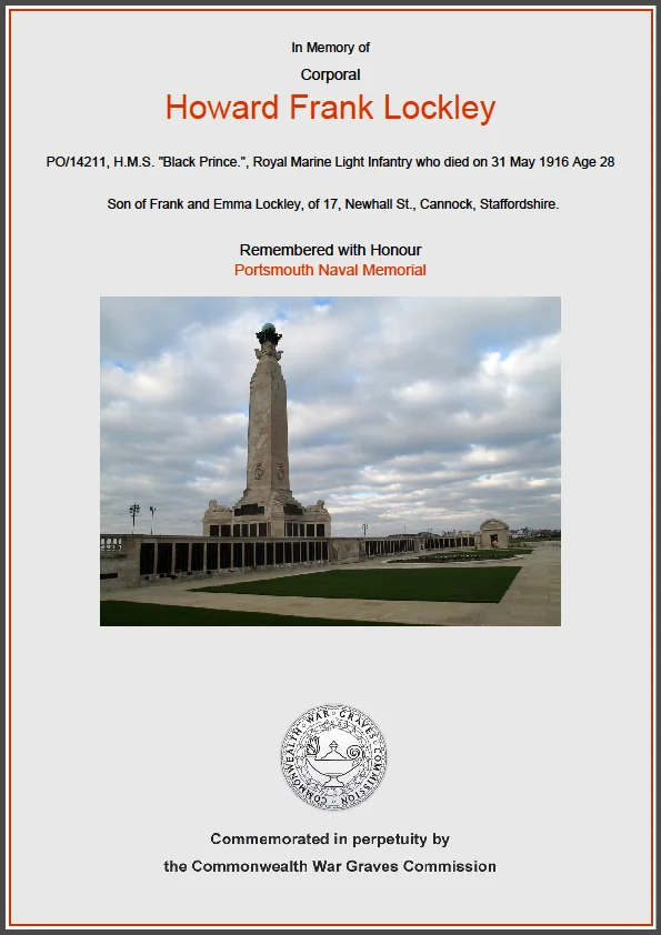 Commonwealth War Graves Commission certificate commemorating Howard Frank Lockley