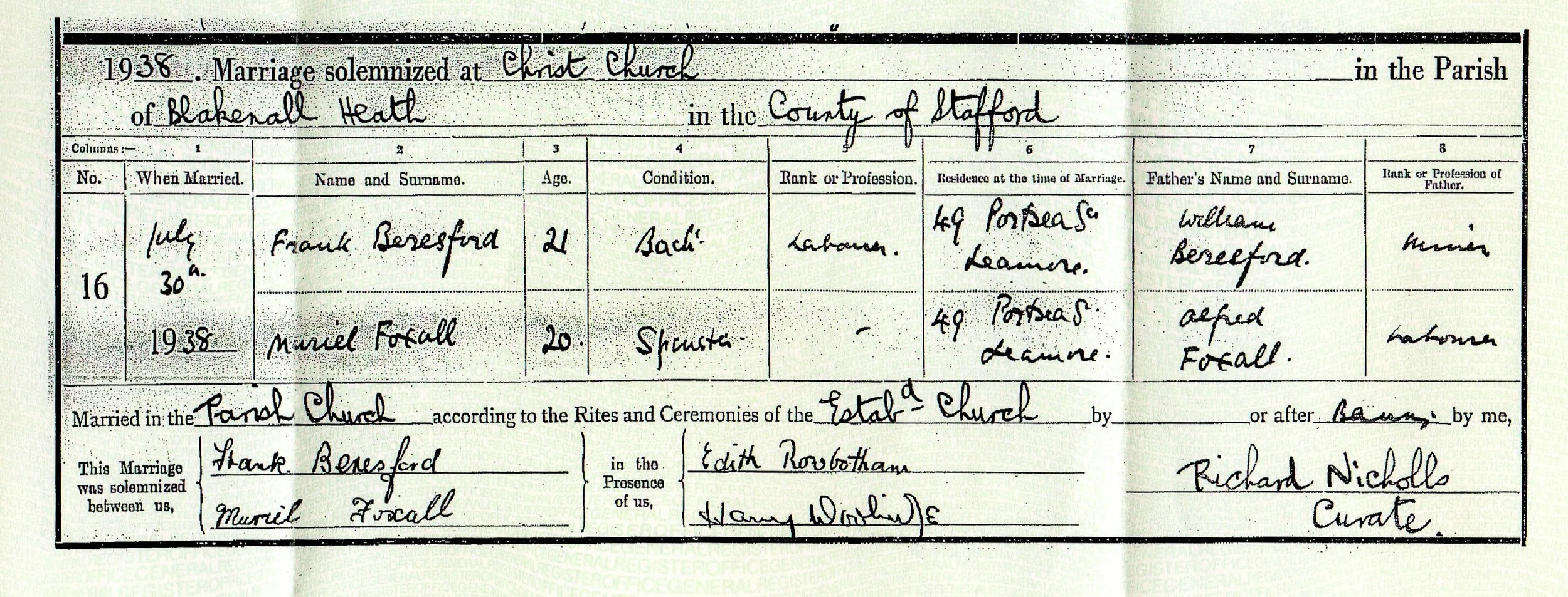 Copy of the marriage certificate from Christ Church, Blakenall Heath, for the wedding on 30th July 1938 of Frank Beresford and Muriel Foxall