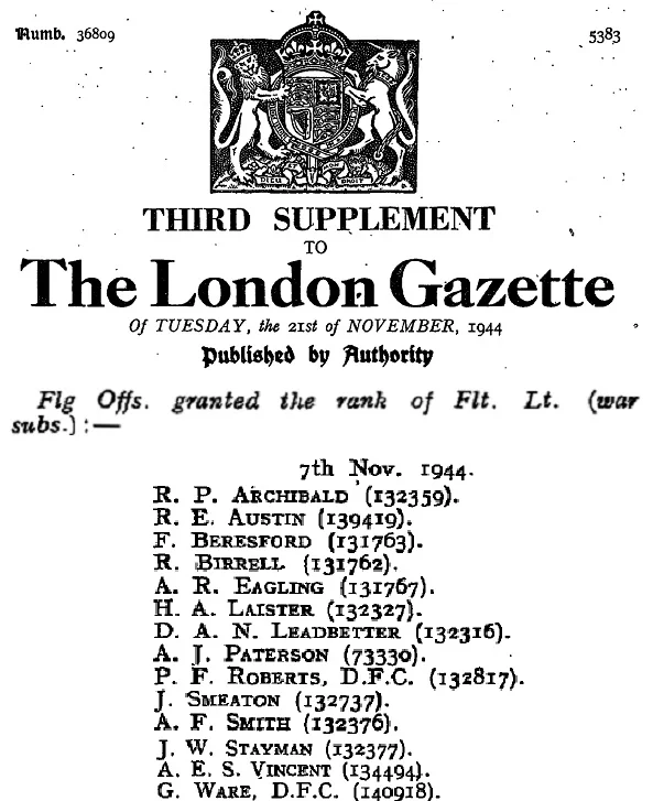 Notification of Frank Beresford’s promotion from Flying Officer to Flight Lieutenant listed in the “London Gazette” edition of 21 November 1944