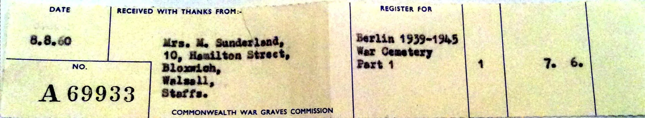 Receipt for the entry in the 1960 Memorial Register for the Berlin War Cemetery