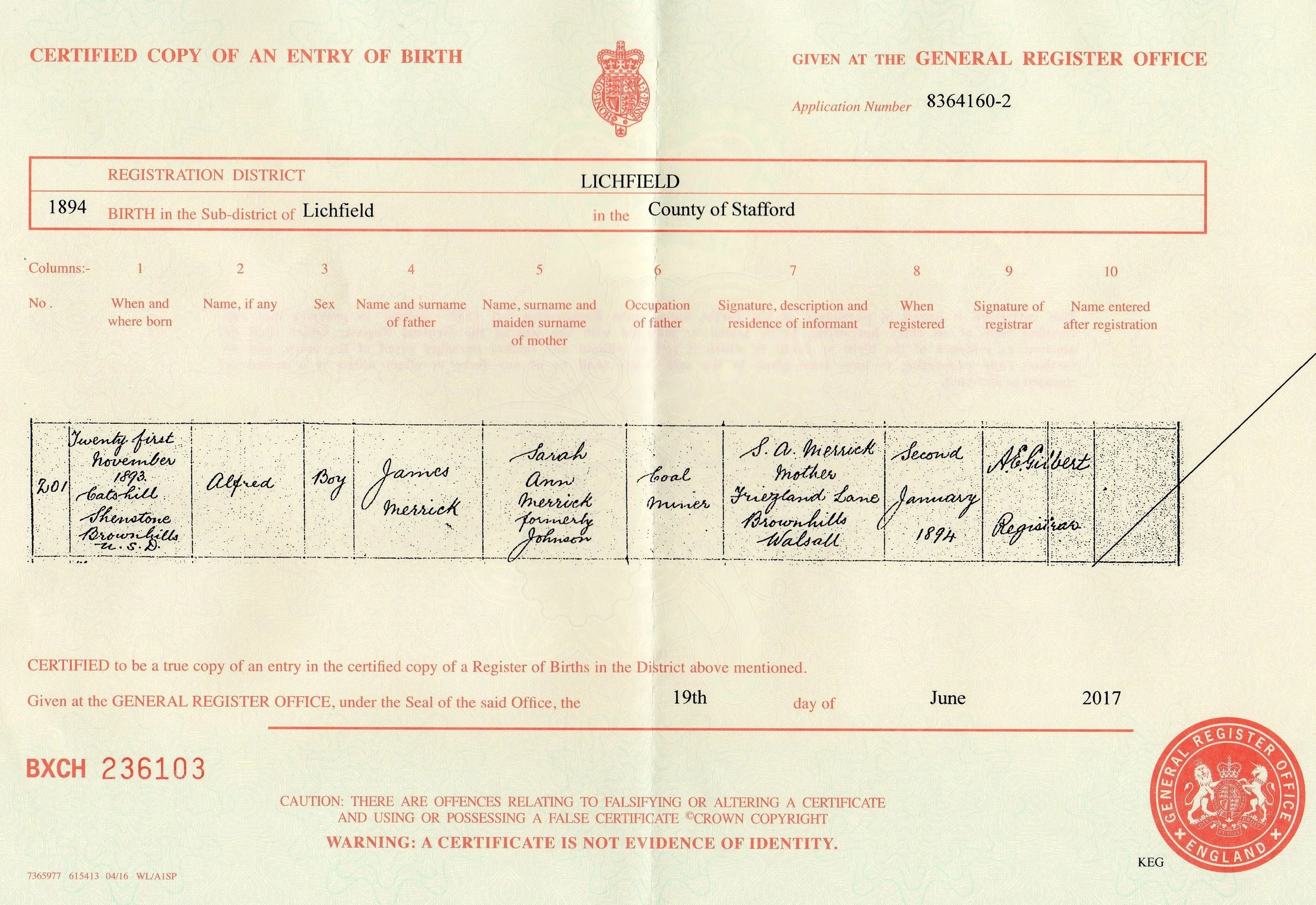 Copy of Alfred Merrick’s birth certificate