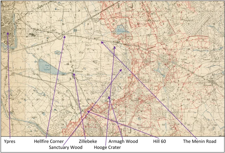 Extract from the 1:10,000, 1916 trench map 28 parts of NW4 and NE3, edition 3B, showing the area south-east of Ypres