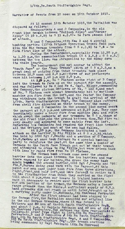 First part of the extract from the 1/5th Battalion South Staffordshire Regiment War Diary detailing their part in the attack on the Hohenzollern Redoubt that began on 13 October 1915.