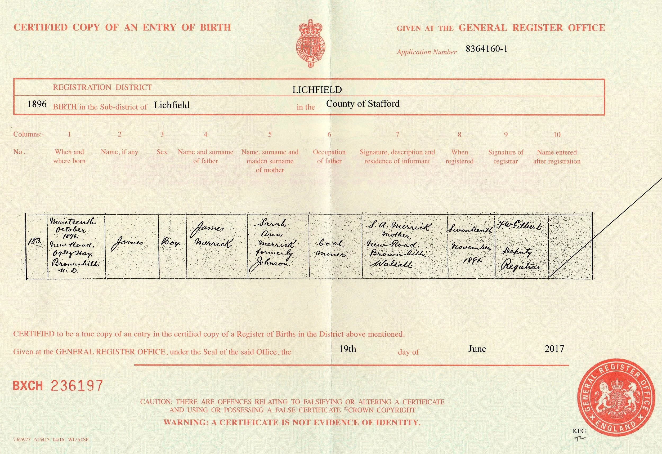 Copy of James Merrick’s birth certificate