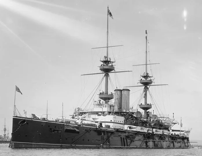 The warship HMS Magnificent at Spithead in 1899. She was converted to a troopship in 1915 for use in the Dardanelles Campaign.