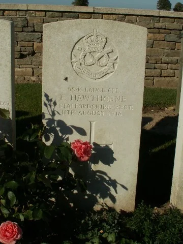 Photograph of the grave of Frederick Hawthorne at the Warlincourt Halte British Cemetery