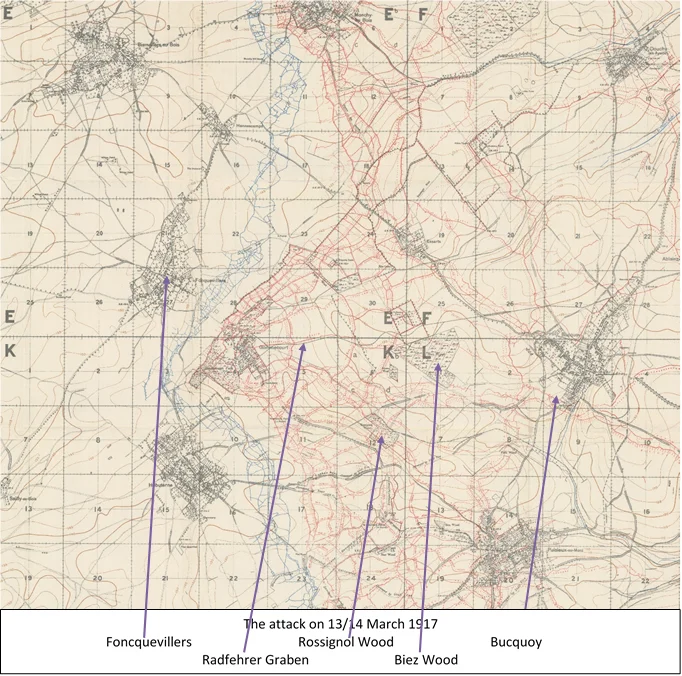 Extract from the 1:20,000, 1916 trench map 57D NE, edition 4a, showing the area around the Gommecourt Salient