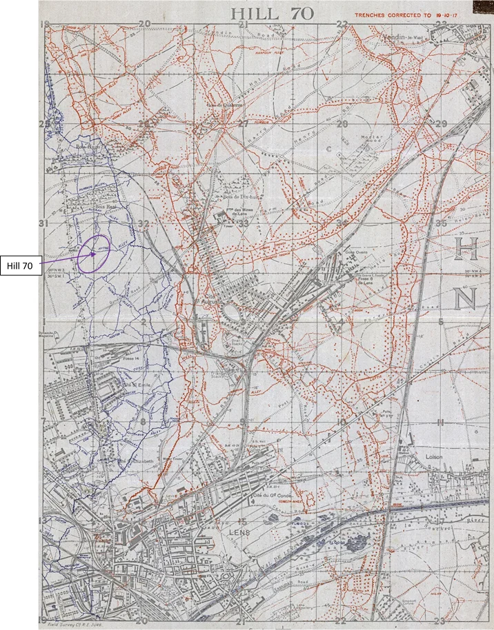 Map showing the trenches in the area north of Lens and east of Hill 70. German trenches and names are in red; British trenches and names are in blue.