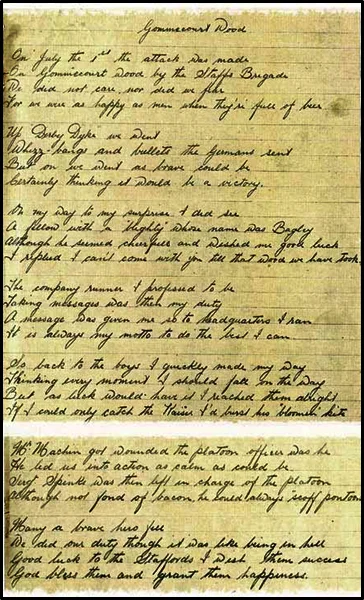 Handwritten copy of the poem “Gommecourt Wood” written by 8201/200198 Drummer George Getley