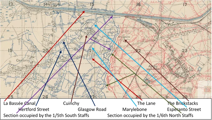 Extract from the 1:10,000, 1918 trench map 36C NW.1 (La Bassée), edition 10B, showing the area in the Cuinchy subsector