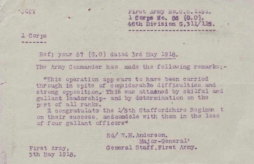 Message of congratulation to the 1/5th Battalion South Staffordshire Regiment on the recapture of Route A Keep.