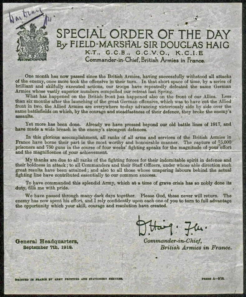 Copy of Field Marshall Haig’s Special Order of the Day of 7 September 1918 .