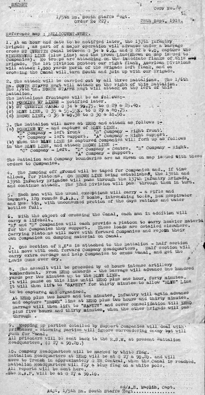 Copy of the orders issued on 28 September 1918 for the 1/5th Battalion South Staffordshire Regiment attack on the St Quentin Canal.