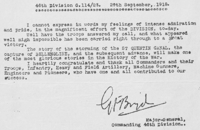 Message from the 46th Division Commanding Officer, Major-General Gerald Farrell Boyd, congratulating his men on their stunning success in taking the St. Quentin Canal