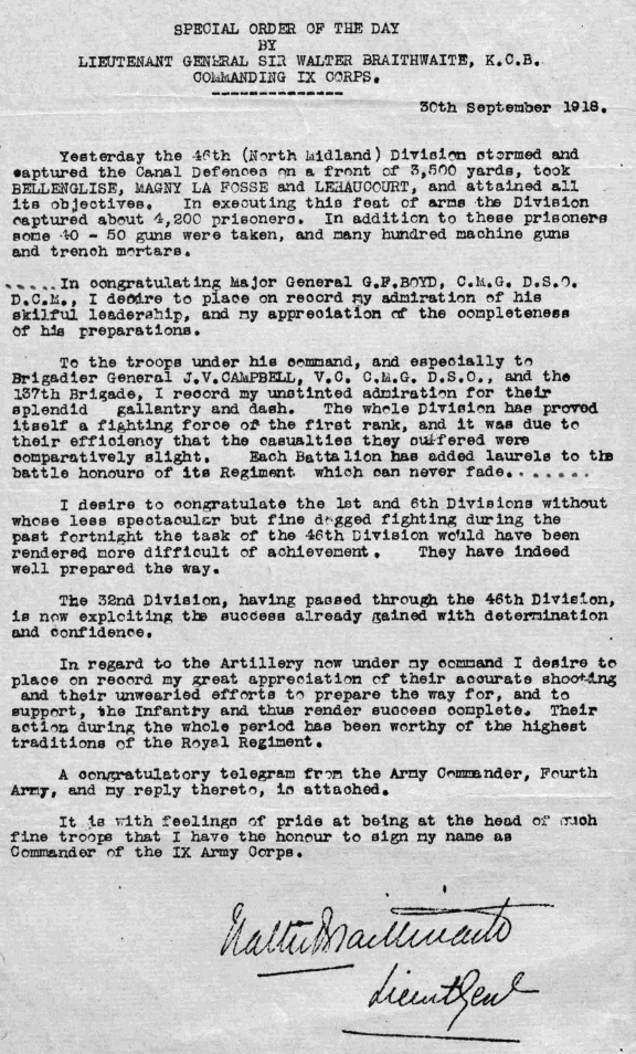 Message of congratulations from Lieutenant General Walter Pipon Braithwaite, Commanding Officer of IX Army Corps.
