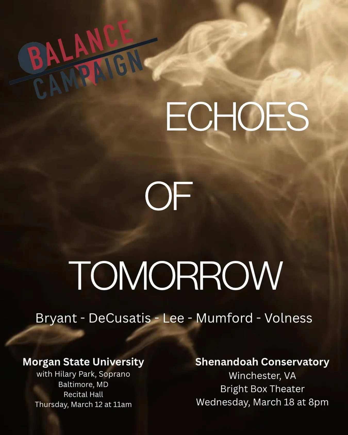 Fam, we are so excited to share our program &ldquo;Echoes of Tomorrow&rdquo; this month! This program is very special to us and includes works that we commissioned by Alexandra T. Bryant, @lincolndecusatis , Jeffrey Mumford, and @kirvo_ .
⁣
There are