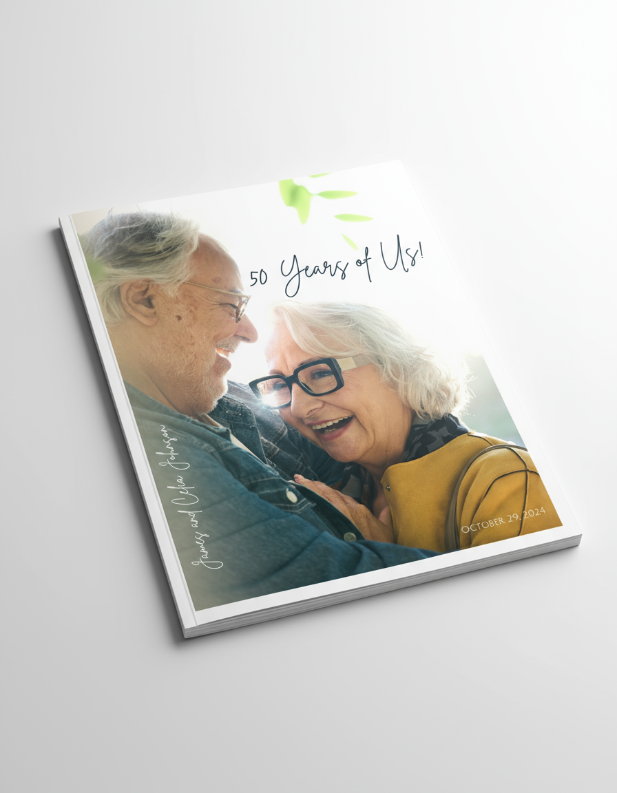 A magazine cover celebrating 50 years of a couple, with a photo of an elderly man and woman embracing and smiling at each other, the woman wearing glasses and a yellow jacket, with text indicating the date October 29, 2024.