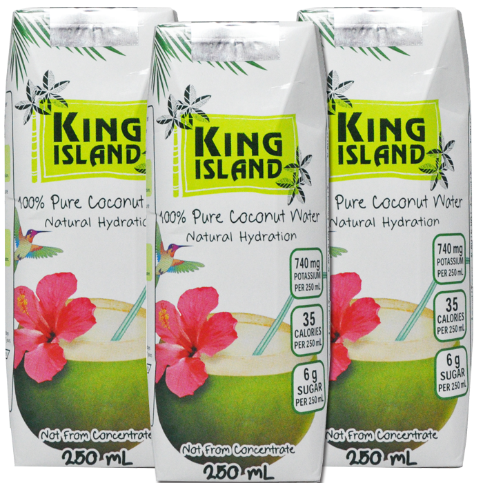 100% Pure Coconut Water - 3 x 250 mL King Island coconut water is from young green coconuts in Thailand. Not from concentrate. No sugar added. No preservatives added. Fat free. Cholesterol free. Allergen free. Gluten free. Non-GMO Project Verified. Excellent source of potassium. Source of magnesium. The natural and refreshing way to rapid re-hydration. Ingredients: 100% Pure Coconut Water Case packs: 12x3x250mL