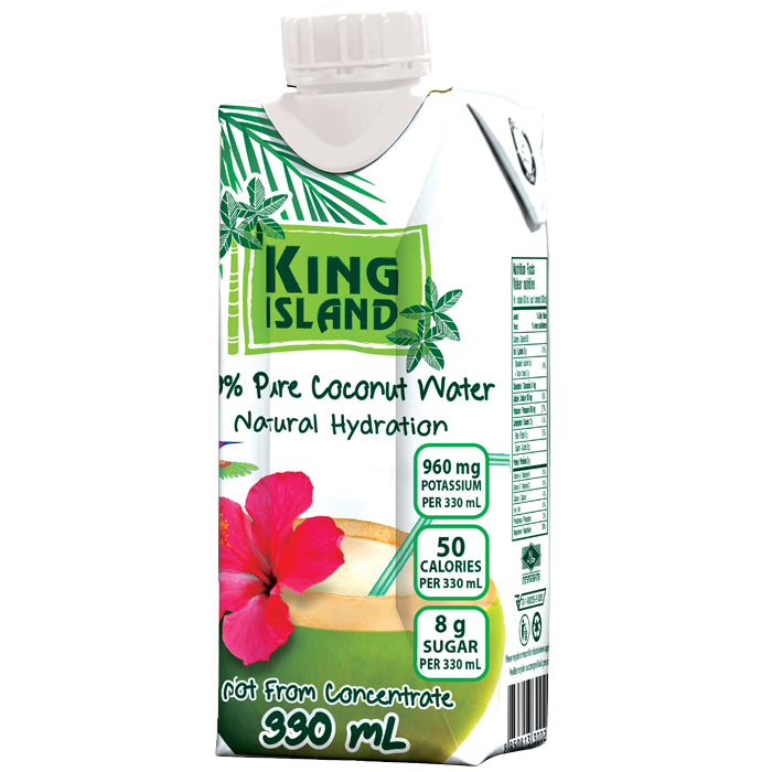 100% Pure Coconut Water - 330 mL King Island coconut water is from young green coconuts in Thailand. Not from concentrate. No sugar added. No preservatives added. Fat free. Cholesterol free. Allergen free. Gluten free. Non-GMO Project Verified. Excellent source of potassium. Source of magnesium. The natural and refreshing way to rapid re-hydration. Ingredients: 100% Pure Coconut Water Case packs: 12x330mL