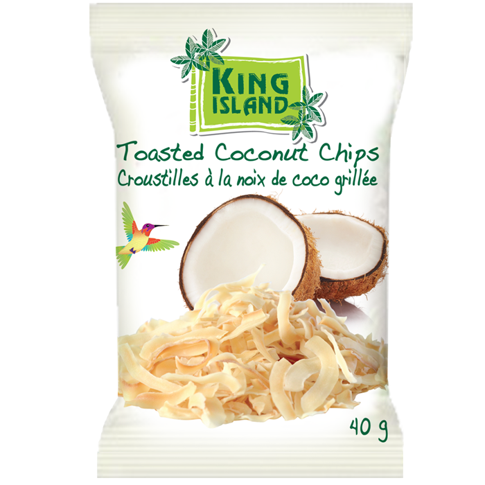 Toasted Coconut Chips - 40 g King Island coconut chips are carefully selected from premium Thai coconuts. The nutritious coconut meat is lovingly sliced and toasted to perfection in small batches. The naturally sweet, buttery crunch of the coconut chips are simply delicious and irresistible. Our coconut chips are a healthy snack and a great topping for ice cream, yogurt, and salads. 100% Natural. Dairy free. Gluten free. Cholesterol free. Vegan. High in fibre. No preservatives added. Ingredients: Coconut meat, coconut palm sugar, sea salt Case packs: 24x40g