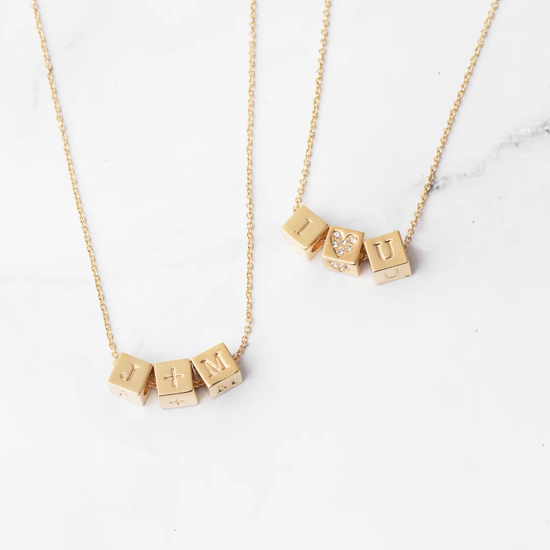 Custom Block Necklace: Spell your favorite word, name, initials, or place in blocks. Perfect for kids’ initials or jersey numbers. Easy to swap out or add to whenever you need to!