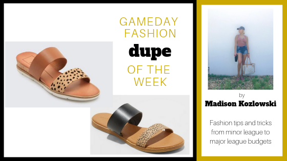 Hi guys! Welcome back to Dupe of the week! This week’s dupe are these super fun leopard sandals! Fun prints are totally in this season, and I’ve got you covered with the real deal and its dupe! Dolce Vita has a super fun leopard sandal with a brown accent strap but they ring in a $100 price tag! So I’ve been looking all over for its dupe and I’ve finally found it at my favorite place in the whole world...*drumroll please* TARGET!!!!! Target has these cuties for only $19.99 with a black accent strap above the leopard strap and let me tell you they are so fun and comfy!! These sandals go with almost anything! You can dress them up with a cute maxi sun dress or dress them down with leggings and a tank! Thanks for reading and see you all next week!!!! Dolce Vita Vala Sandals in Leopard Universal Thread Leopard Sandals