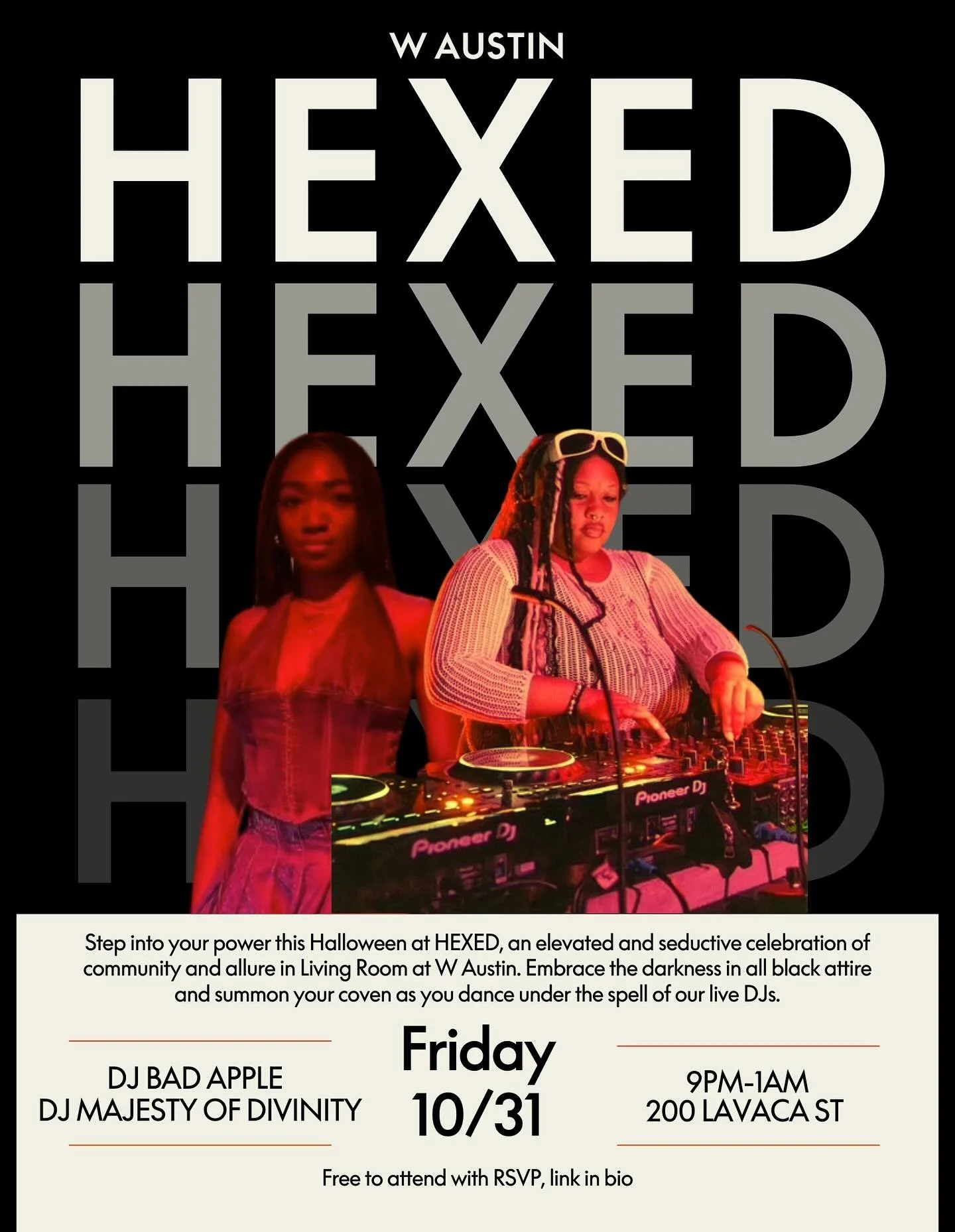 Austin, looking for FREE Halloween plans? @waustin has you covered tonight with witchy vibes and immaculate sounds by the farest of them all @dj_bad_apple &amp; @majestyofdivinity🔮 come get down with the coven from 9pm-1am. free with RSVP at the lin