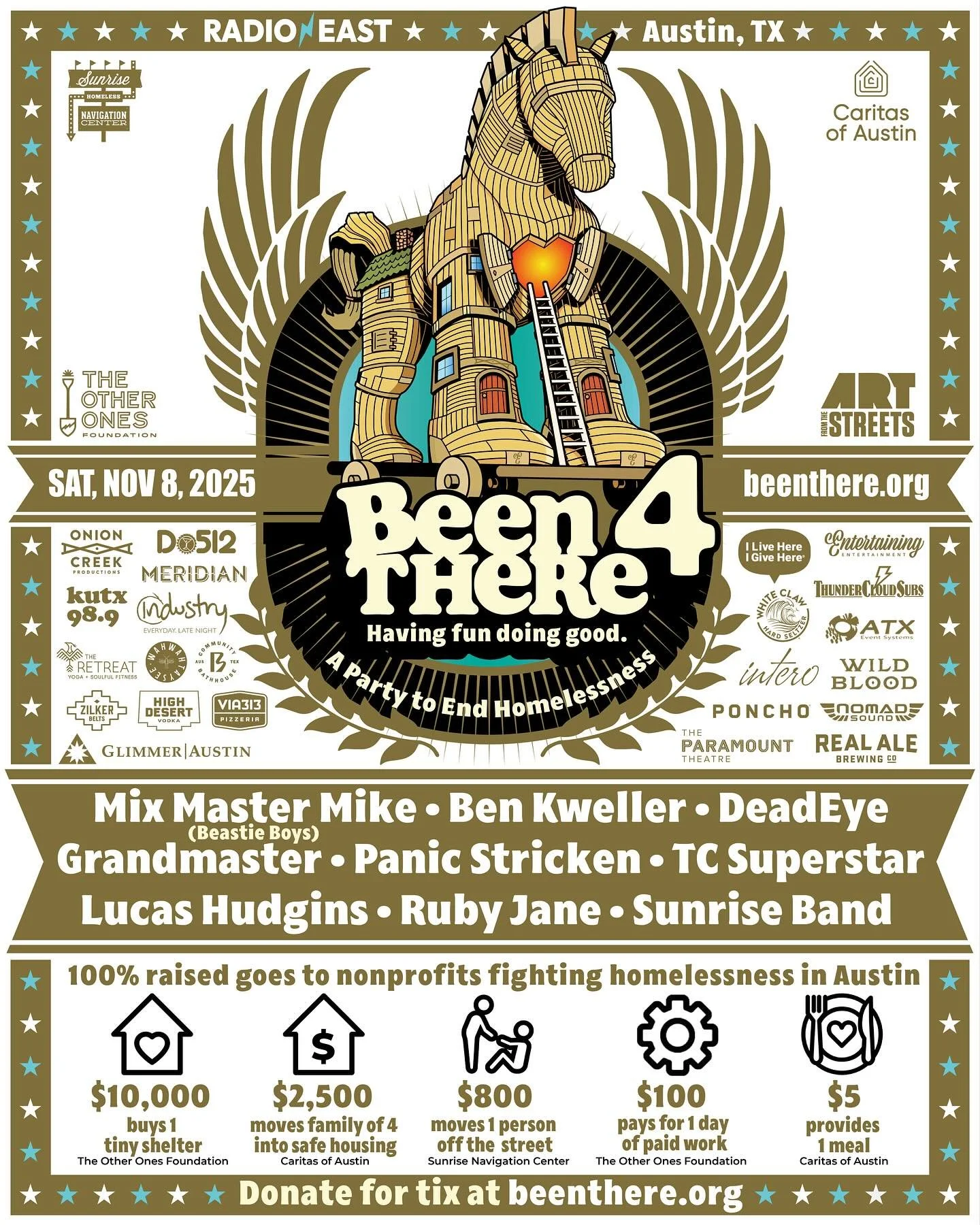 Tomorrow, our friends @beenthereusa return with their 4th annual music benefit #beenthere4 ft. legends @benkweller @mixmastermike @tc_superstar @grandmaster @rubyjaneofficial &amp; more for an amazing cause - fighting homelessness in Austin 🫶
.
All 