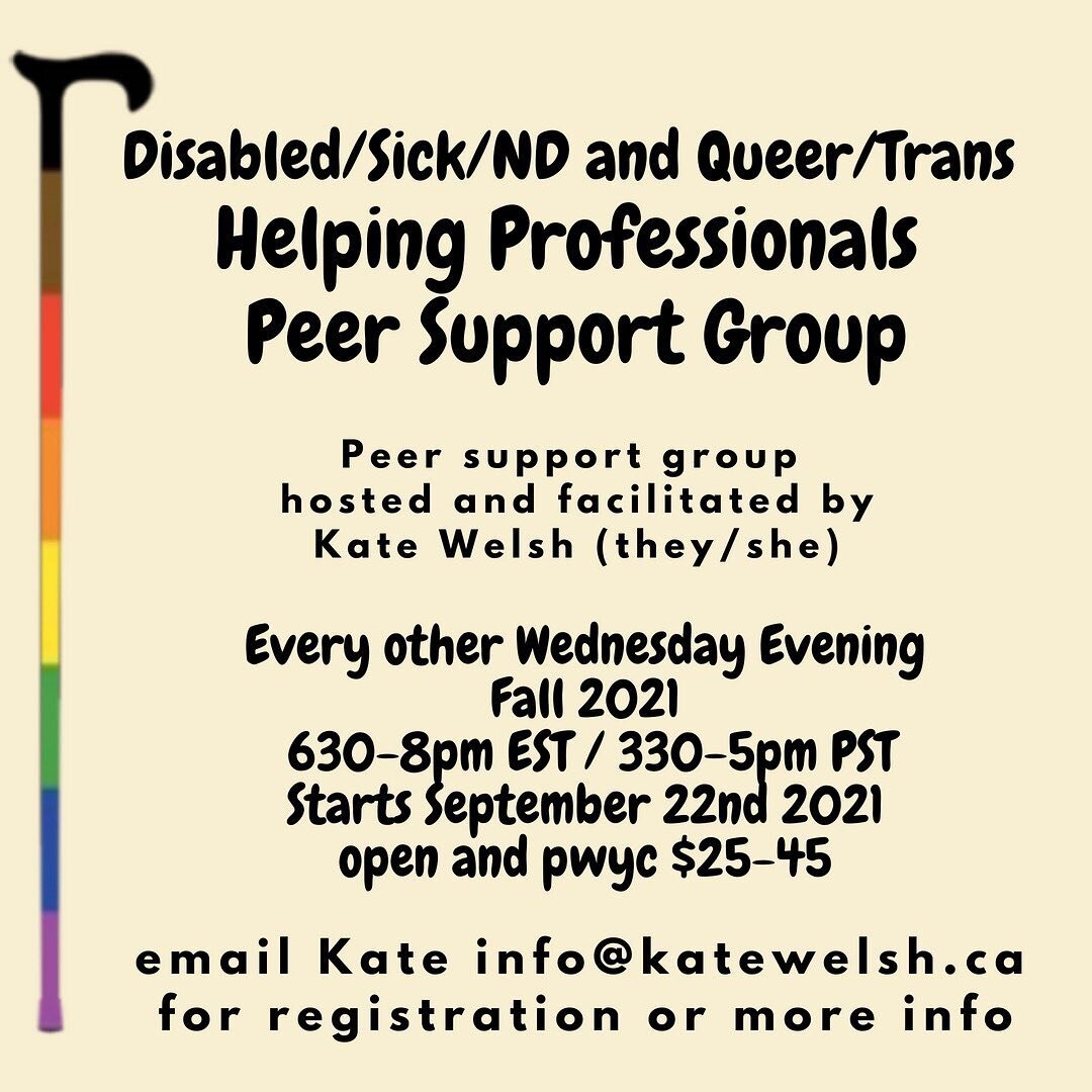 Disabled/Sick/ND/Mad and Queer/Trans Helping Professionals Peer Support Group
⠀⠀⠀⠀⠀⠀⠀⠀⠀
What is this? 
A virtual facilitated support group for practitioners to connect and talk about our lived experiences in relation to our work. Hosted and facilitat