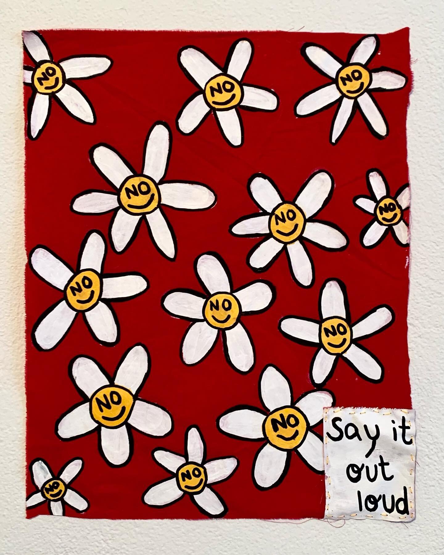 Today a client sent me this art piece that they had made after our session yesterday. We talked about boundaries and the importance of saying no out loud.

Image description: red background with white flowers and yellow centres. The middle  of each f