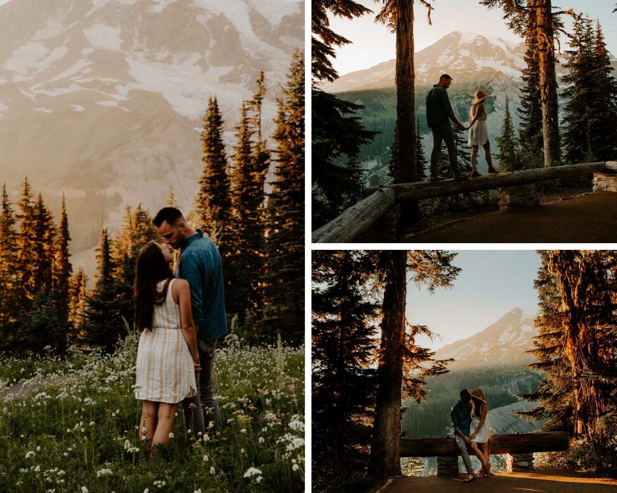 Mount rainier engagement session in the wild flowers at sunset