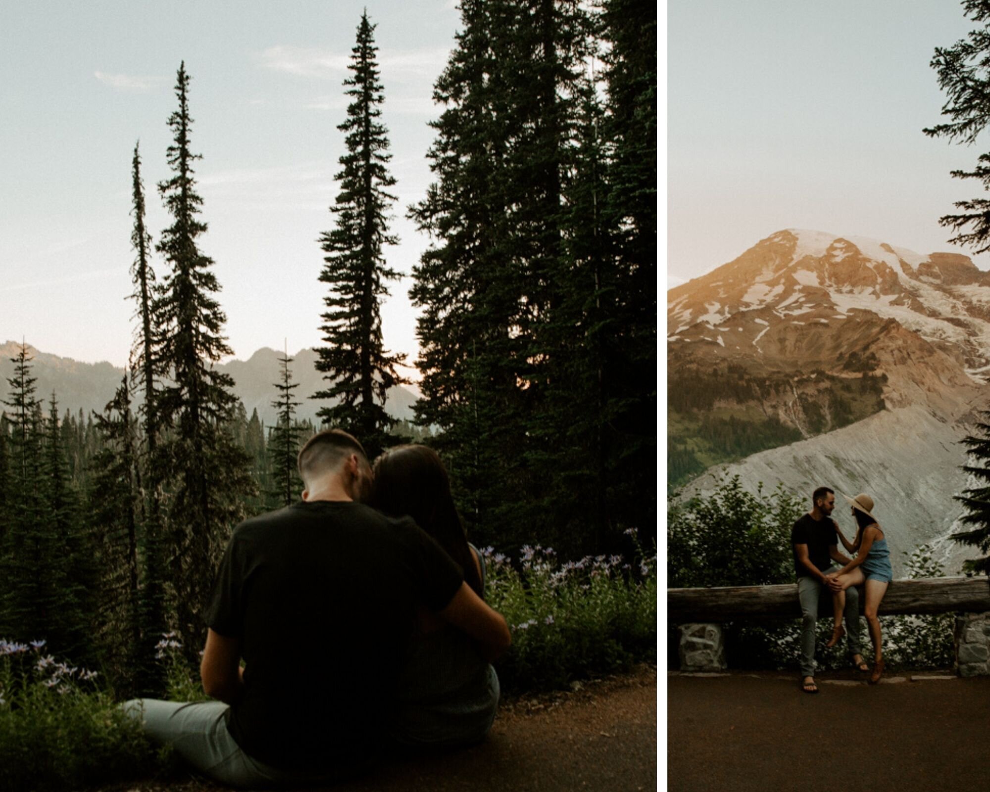 sunset engagement photos over the huge mount rainier