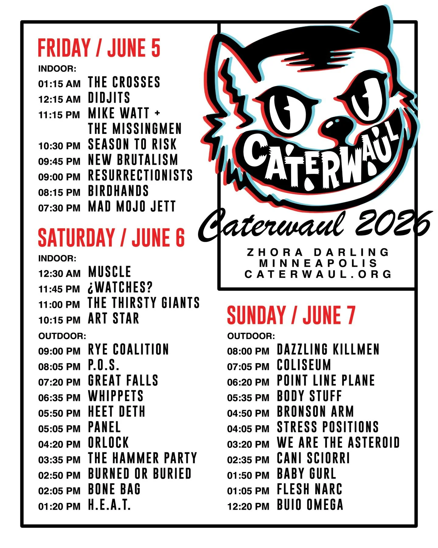 The full schedule for this year&rsquo;s @caterwaulfest, taking place June 5-7 at Minneapolis venue @zhoradarlingpresents and featuring such artists as Rye Coalition, Dazzling Killmen, and Coliseum, has been revealed.

The annual festival, now in its 