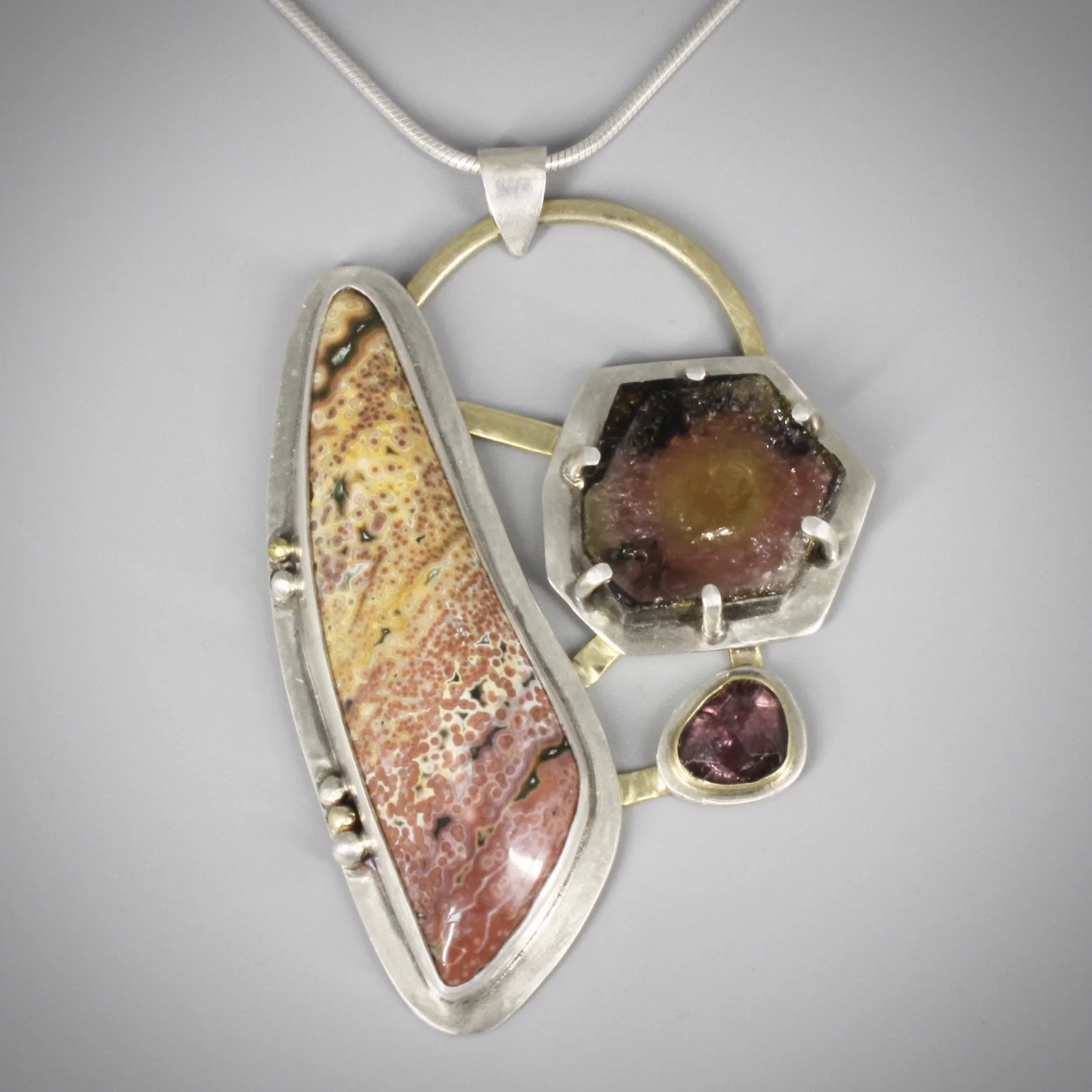 Ocean Jasper, Tourmaline and pink spinel pendant
