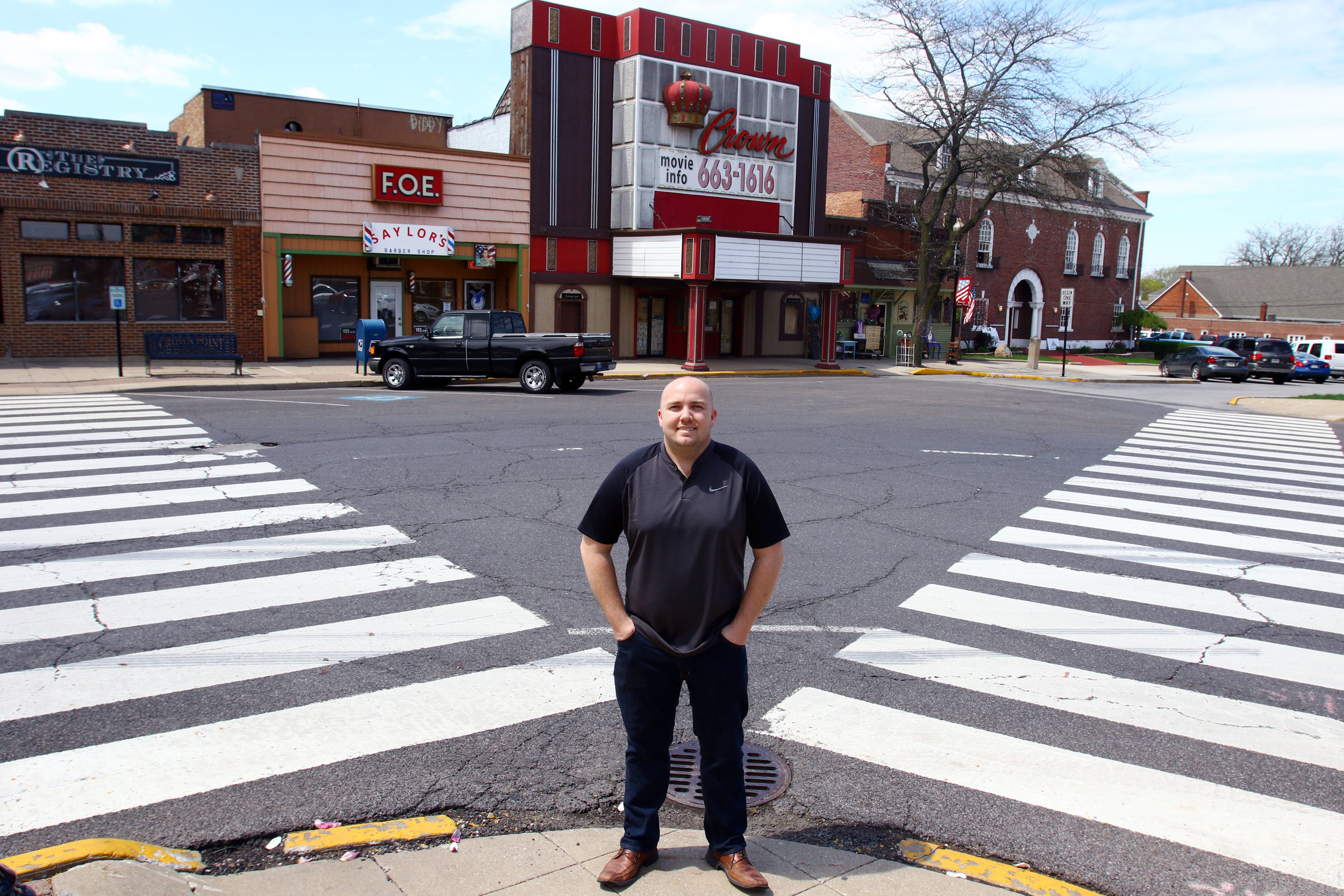 Brad Strom, of Crown Point, poses outside the Crown Theater in downtown Crown Point on May 4, 2018.