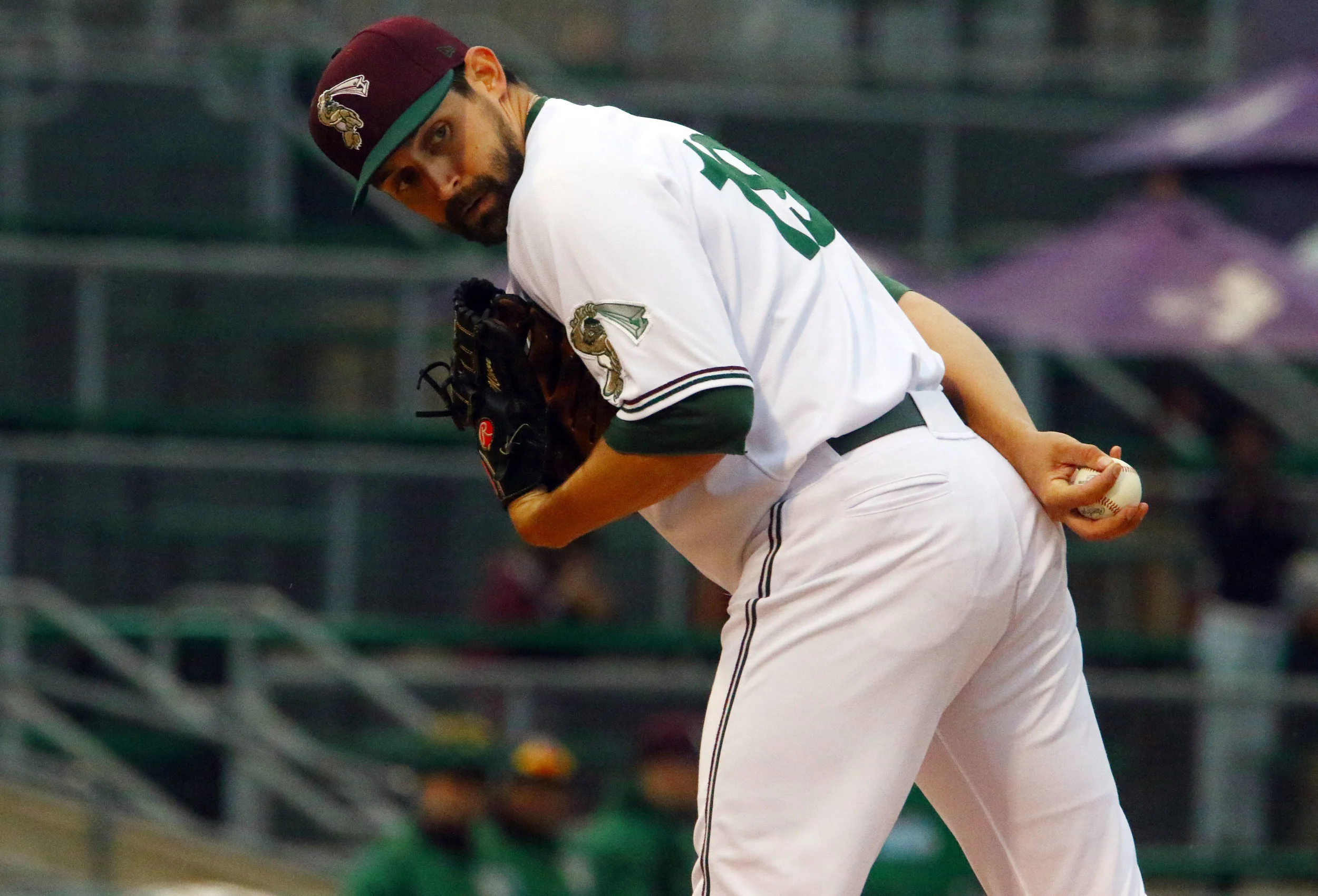 Gary's Daniel Minor peeks back at first base before pitching against the St. Paul Saints on May 18, 2018 at U.S. Steel Yard.