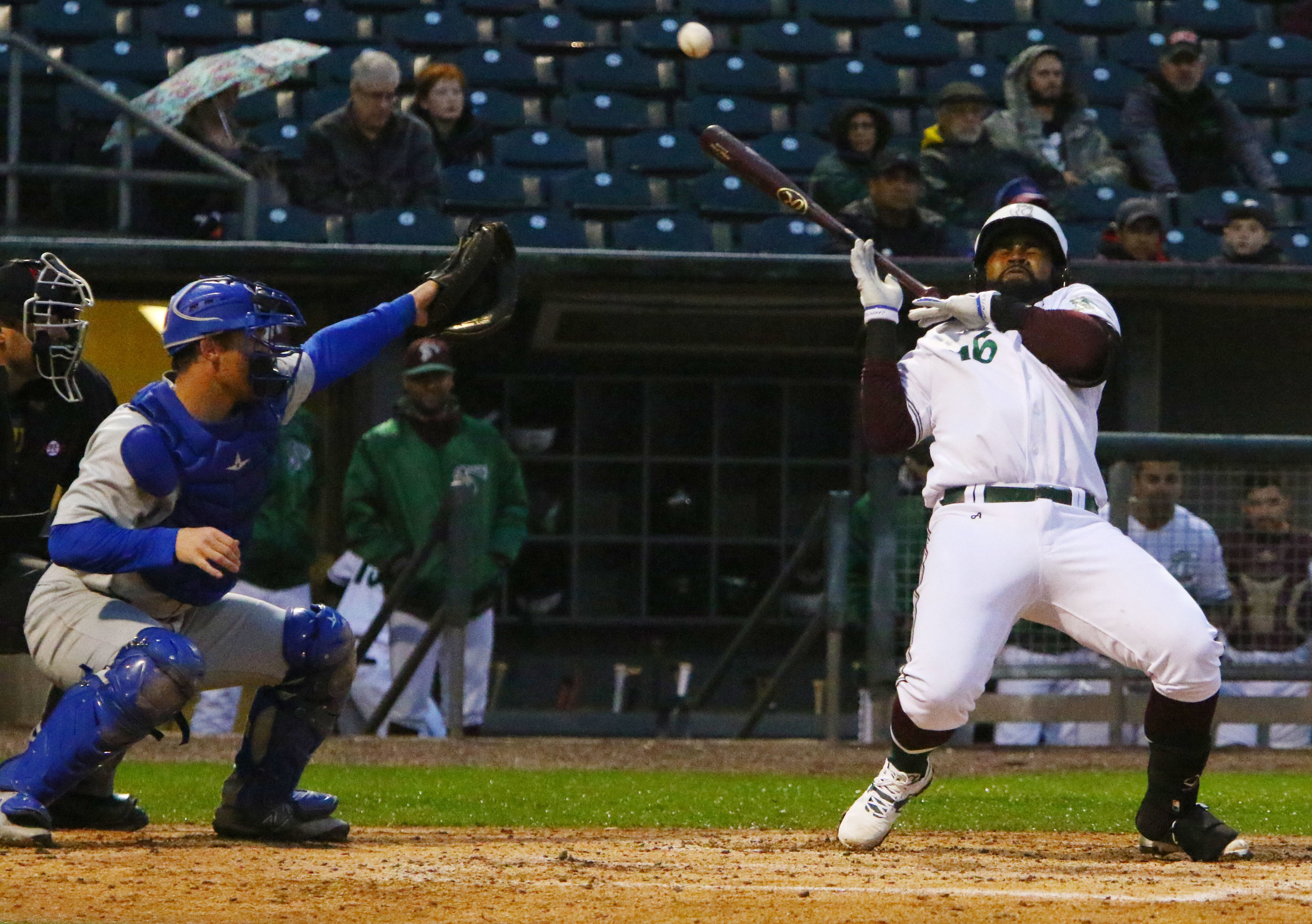 The Gary RailCats’ Wilfredo Gimenez is hit by a pitch at on May 18, 2018 at U.S. Steel Yard..