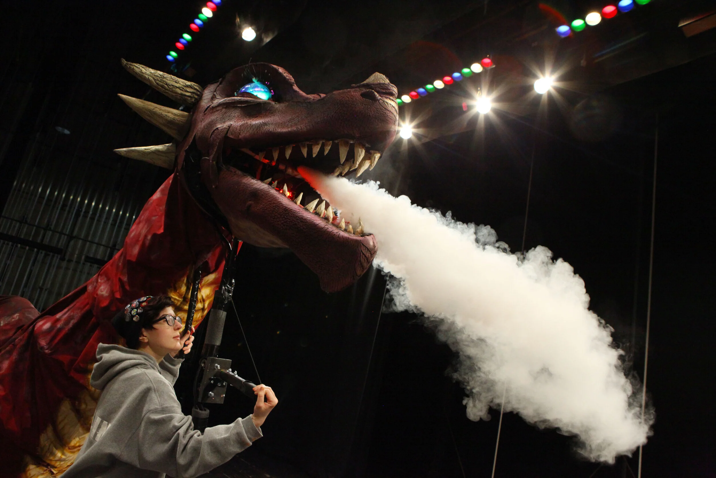 Madeline Bogathy, senior at Lowell High School, demonstrates the dragon she designed for the school's Shrek musical on March 14, 2018. Bogathy is an aspiring FX artist and has had her work appear on productions of Chicago P.D., Chicago Fire and a Ch…