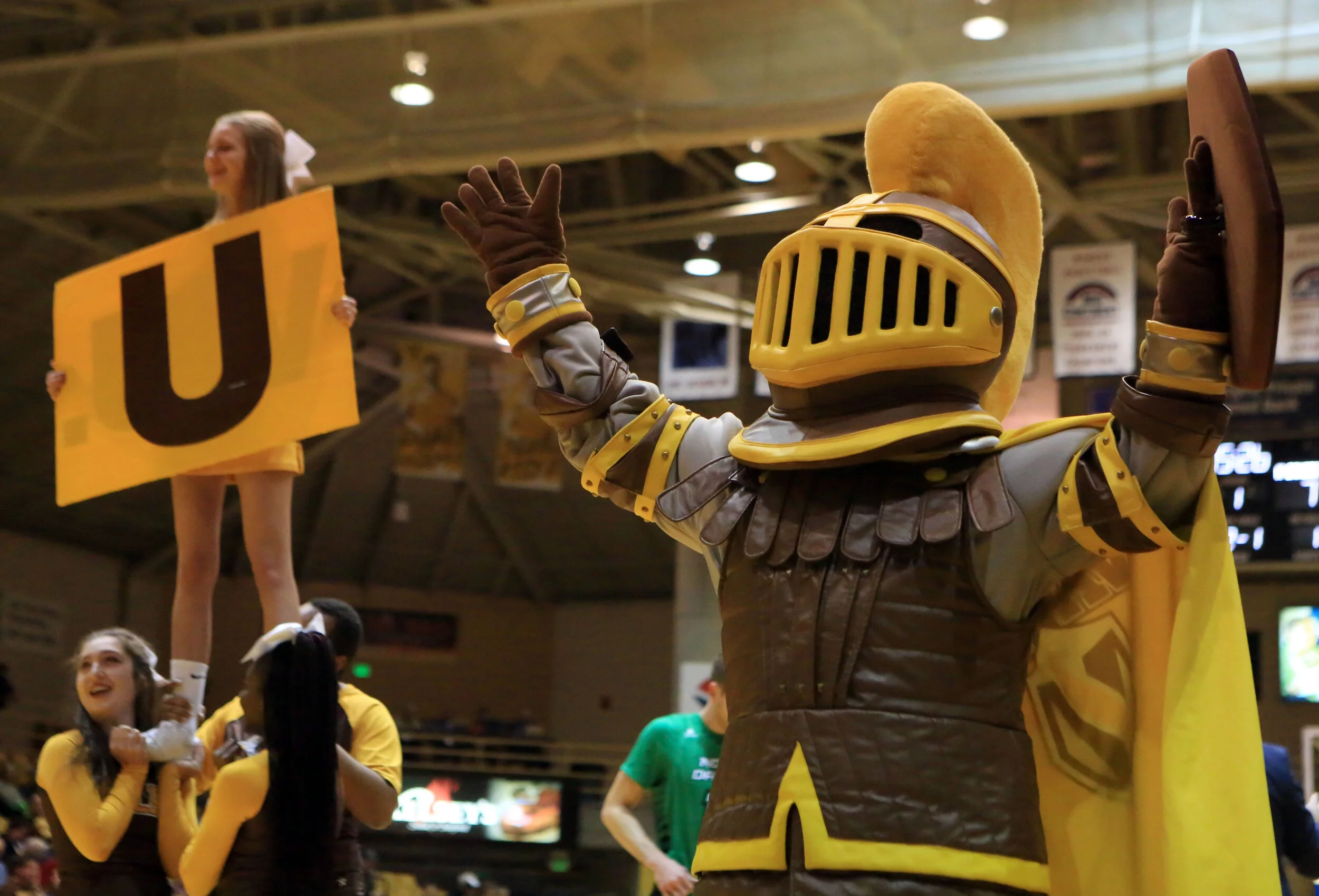 Valparaiso’s mascot gets some help from the cheer squad during a timeout Nov. 17, 2019 in a home non-conference game against North Dakota at the Athletics-Recreation Center.
